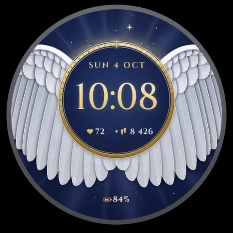 Astra Seraph watch face for Garmin. Angel wings in ivory and gold unfold around elegant Roman capitals, with a golden halo of 60 pearls for the minutes.