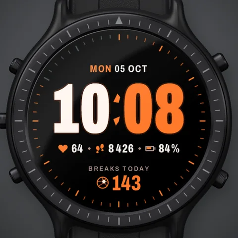 Astra Shatter watch face for Garmin. At every wrist raise the black glass cracks and falls in tumbling shards, revealing a bright digital face with a huge two-tone time and a ring that fills with your steps.