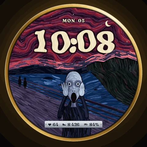 Astra Shriek watch face for Garmin. A figure inspired by Edvard Munch's 1893 painting reacts to your stress, from calm to panic, under a sky that turns red.