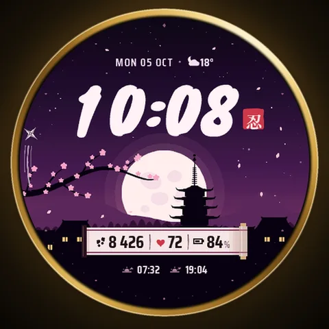 Astra Shuriken watch face for Garmin. A pagoda under a full moon, falling sakura petals, a brush-painted time and a shuriken that travels around the dial as the second hand.