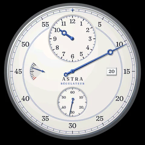 Astra Sidereal watch face for Garmin. A regulator dress watch with a central minute hand, the hours at 12 and small seconds at 6 on an enamel-style dial.
