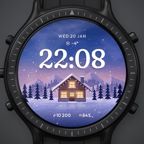 Astra Snowfall watch face for Garmin. A wooden chalet with amber windows at the foot of the mountains, snowy fir trees and a big soft time. Raise your wrist: snow falls and the windows light up one after another.