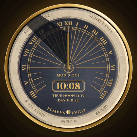 Astra Sundial watch face for Garmin. A real horizontal sundial whose shadow follows the true position of the sun where you are, with your watch time in an engraved cartouche.