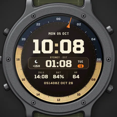 Astra Tactical GMT watch face for Garmin. A tactical digital face with a giant local time, a plate for another city with daylight saving handled automatically, a 24-hour day and night ring, Zulu time and a DTG line.