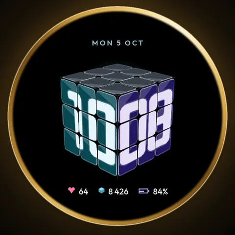Astra Twist watch face for Garmin. A 3D puzzle cube with the time on its stickers solves itself in quick quarter turns each time you raise your wrist.