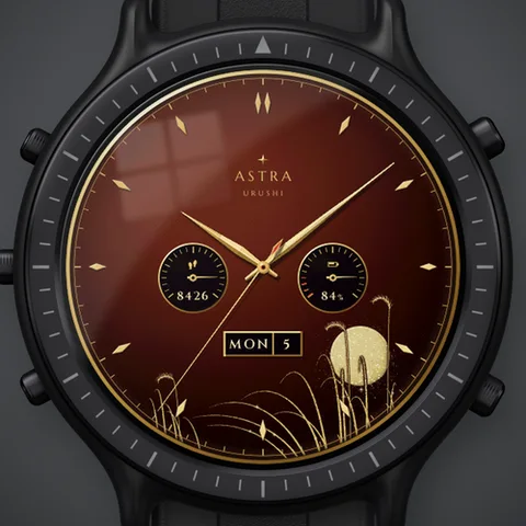 Astra Urushi watch face for Garmin. A dress chronograph on a true urushi lacquer dial, with gold leaf markers, a maki-e scene in gold powder and a sweep of gold dust at every wrist raise.