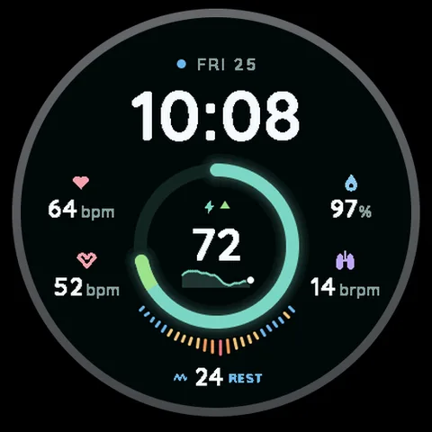 Astra Vital watch face for Garmin. A health-focused face built around stress and Body Battery information.