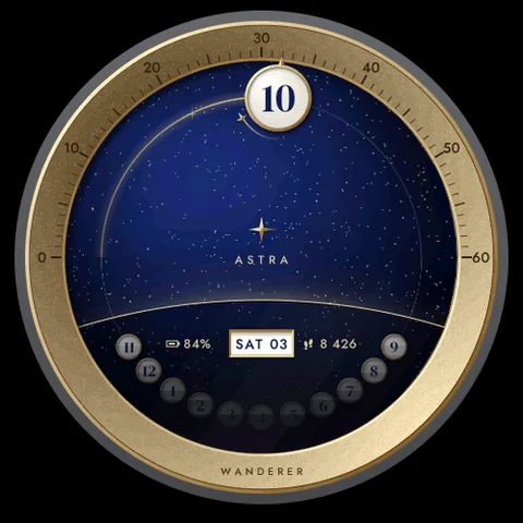 Astra Wanderer watch face for Garmin. A luxury watch with no hands: the current hour drifts along a minute arc over an aventurine night sky.