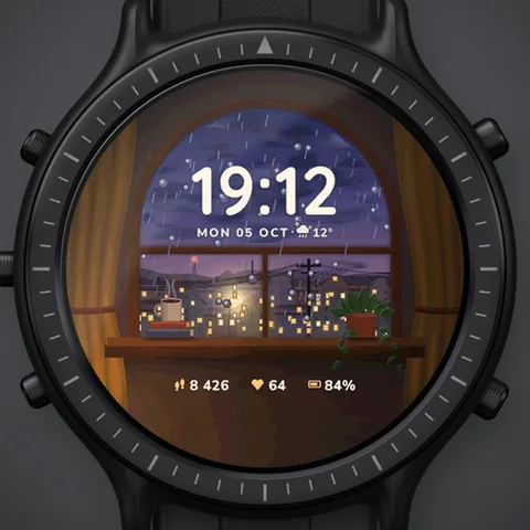 Esfera Astra Window para Garmin. Una pequeña habitación acogedora y su ventana en arco siguen el tiempo en directo y la hora del día, de la lluvia en el cristal a la noche estrellada, con la hora grande en el cielo.