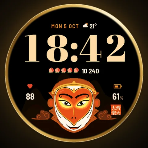 Astra Wukong watch face for Garmin. The opera mask of the Monkey King, with golden eyes, under a bold time, drifting clouds and five peaches of immortality for your steps.