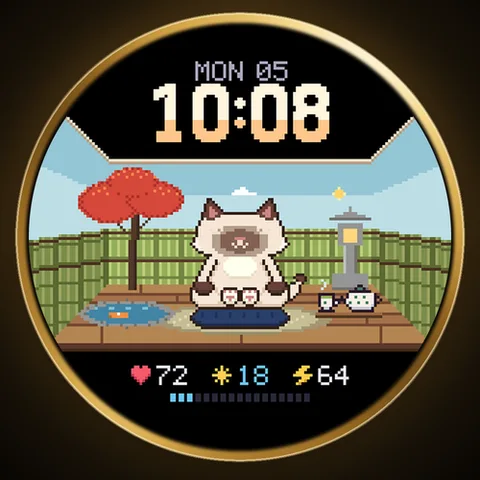 Astra Zen Cat watch face for Garmin. An animated pixel cat adds a playful perspective to a stress-focused dial.